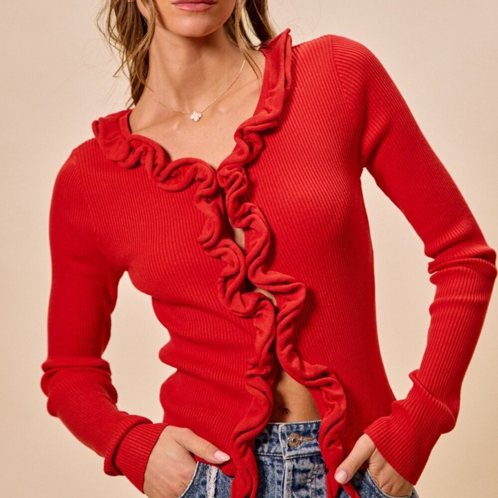 SO‎ ME Cascade Ruffle Ribbed Sweater Cardgian